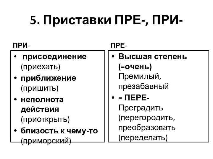 5. Приставки ПРЕ-, ПРИ- ПРИ- присоединение (приехать) приближение (пришить) неполнота действия