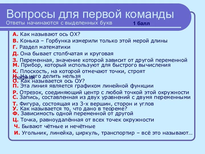 Вопросы для первой команды А. Как называют ось ОХ? Ответы начинаются