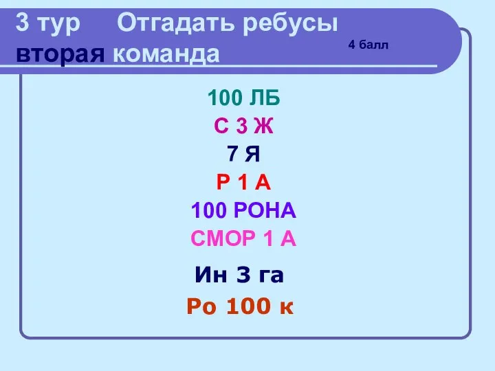 3 тур Отгадать ребусы вторая команда 100 ЛБ С 3 Ж