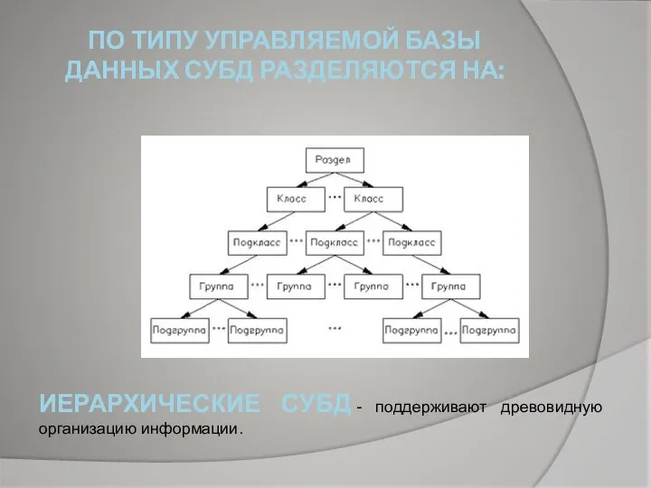 ИЕРАРХИЧЕСКИЕ СУБД - поддерживают древовидную организацию информации. ПО ТИПУ УПРАВЛЯЕМОЙ БАЗЫ ДАННЫХ СУБД РАЗДЕЛЯЮТСЯ НА: