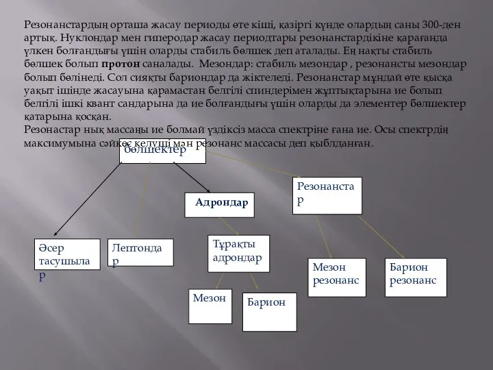 бөлшектер Әсер тасушылар Лептондар Адрондар Тұрақты адрондар Резонанстар Мезон Барион Мезон