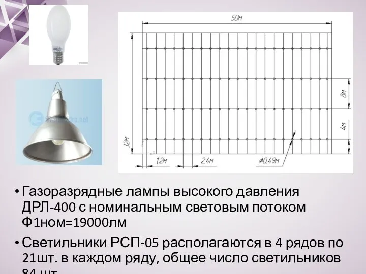 Газоразрядные лампы высокого давления ДРЛ-400 с номинальным световым потоком Ф1ном=19000лм Светильники