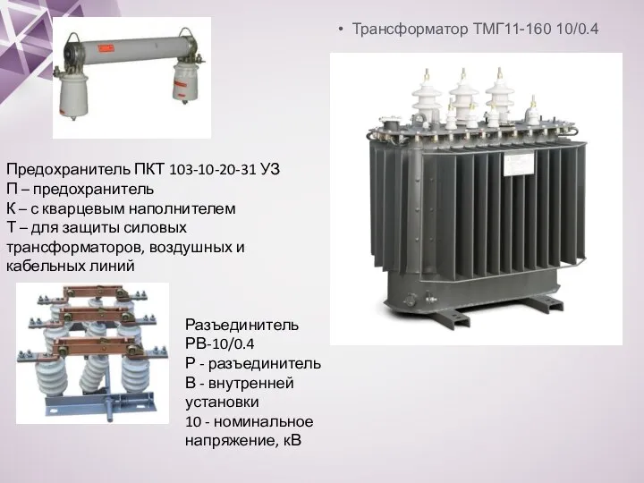 Трансформатор ТМГ11-160 10/0.4 Предохранитель ПКТ 103-10-20-31 УЗ П – предохранитель К