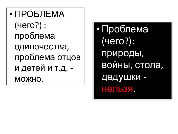 ПРОБЛЕМА (чего?) : проблема одиночества, проблема отцов и детей и т.д.