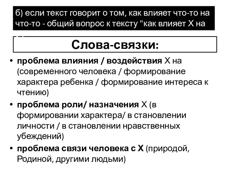 Слова-связки: проблема влияния / воздействия Х на (современного человека / формирование