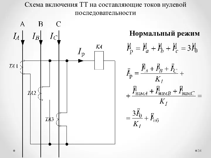 Схема включения ТТ на составляющие токов нулевой последовательности Нормальный режим