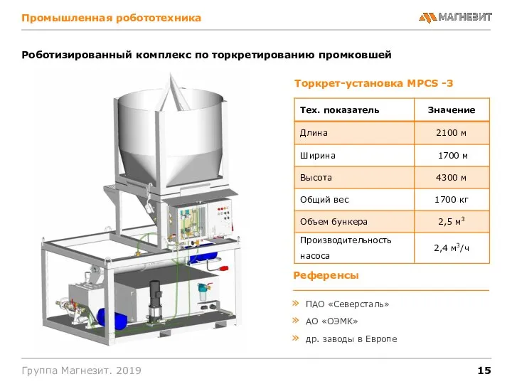 Промышленная робототехника Группа Магнезит. 2019 Роботизированный комплекс по торкретированию промковшей Торкрет-установка