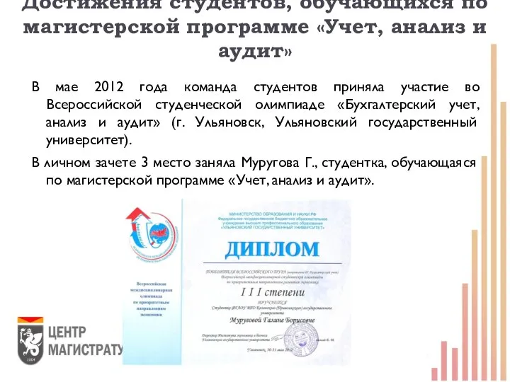 Достижения студентов, обучающихся по магистерской программе «Учет, анализ и аудит» В