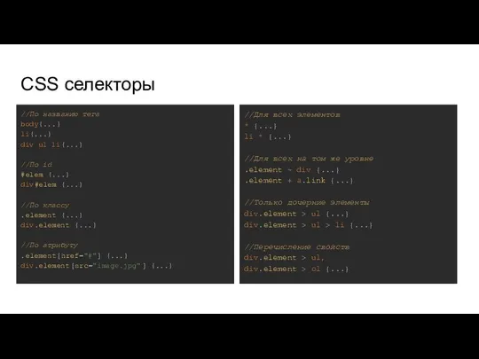 CSS селекторы //По названию тега body{...} li{...} div ul li{...} //По