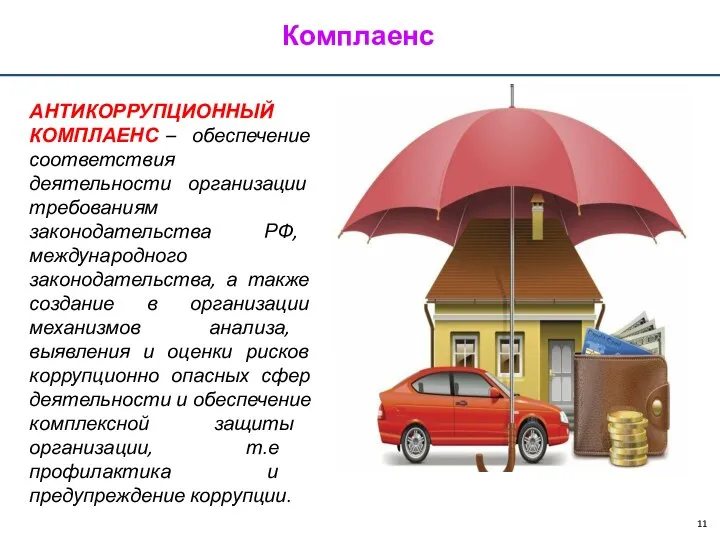 Комплаенс АНТИКОРРУПЦИОННЫЙ КОМПЛАЕНС – обеспечение соответствия деятельности организации требованиям законодательства РФ,