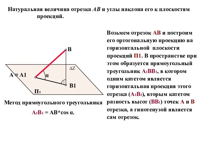 Возьмем отрезок АВ и построим его ортогональную проекцию на горизонтальной плоскости