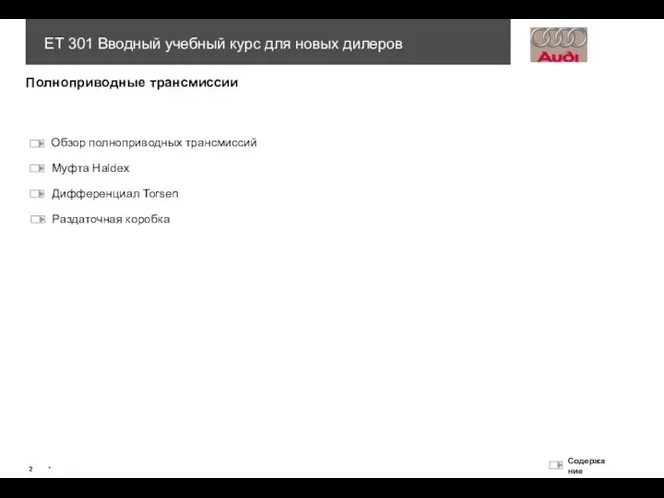 Полноприводные трансмиссии Обзор полноприводных трансмиссий Муфта Haldex Дифференциал Torsen Раздаточная коробка