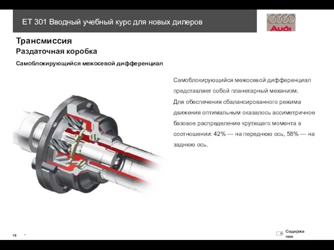 Раздаточная коробка Самоблокирующийся межосевой дифференциал Трансмиссия Самоблокирующийся межосевой дифференциал представляет собой