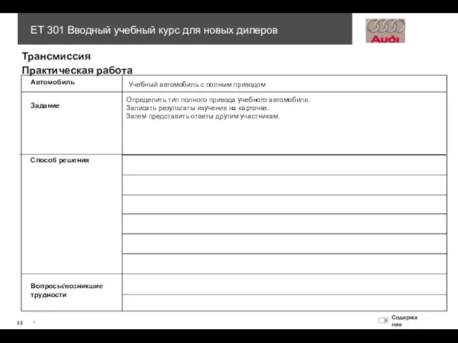 Автомобиль Учебный автомобиль с полным приводом Задание Способ решения Вопросы/возникшие трудности