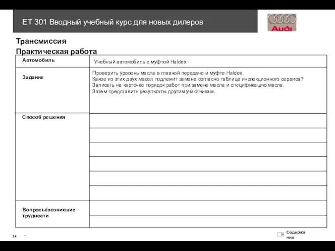 Автомобиль Учебный автомобиль с муфтой Haldex Задание Способ решения Вопросы/возникшие трудности