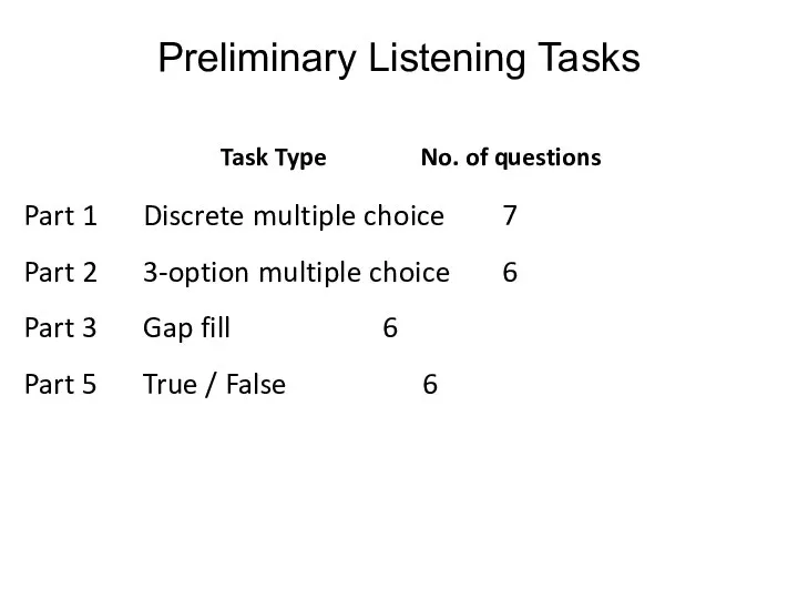 Preliminary Listening Tasks Part 1 Discrete multiple choice 7 Part 2