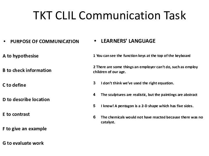 TKT CLIL Communication Task PURPOSE OF COMMUNICATION A to hypothesise B