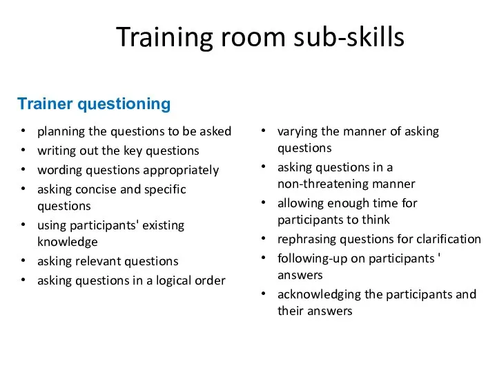 Training room sub-skills planning the questions to be asked writing out