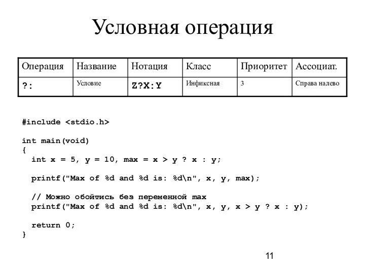 Условная операция #include int main(void) { int x = 5, y