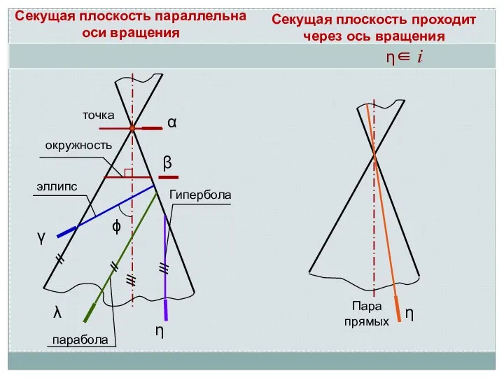 Секущая плоскость проходит через ось вращения Пара прямых η η∈ i