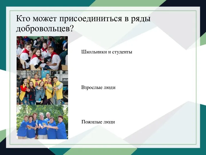 Кто может присоединиться в ряды добровольцев? Школьники и студенты Пожилые люди Взрослые люди