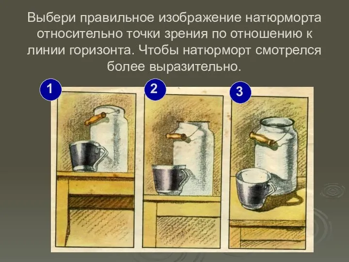 Выбери правильное изображение натюрморта относительно точки зрения по отношению к линии