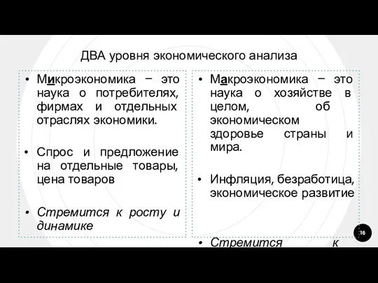 ДВА уровня экономического анализа Микроэкономика – это наука о потребителях, фирмах