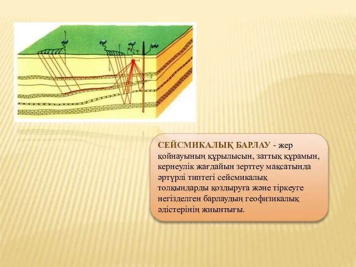 СЕЙСМИКАЛЫҚ БАРЛАУ - жер қойнауының құрылысын, заттық құрамын, кернеулік жағдайын зерттеу