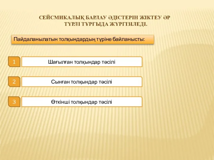 СЕЙСМИКАЛЫҚ БАРЛАУ ӘДІСТЕРІН ЖІКТЕУ ӘР ТҮРЛІ ТҰРҒЫДА ЖҮРГІЗІЛЕДІ. Пайдаланылатын толқындардың түріне