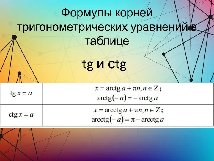 Формулы корней тригонометрических уравнений в таблице tg и сtg