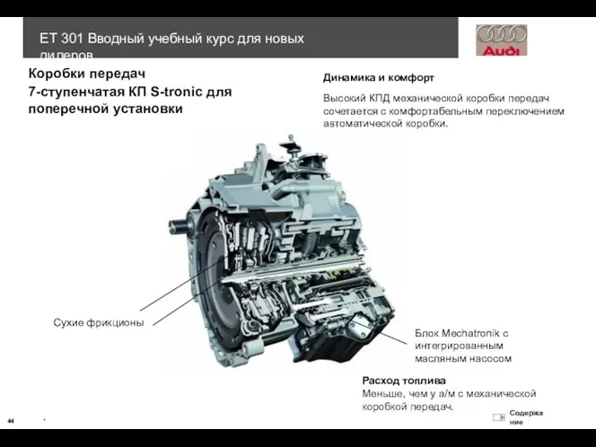 Коробки передач 7-ступенчатая КП S-tronic для поперечной установки Сухие фрикционы Блок