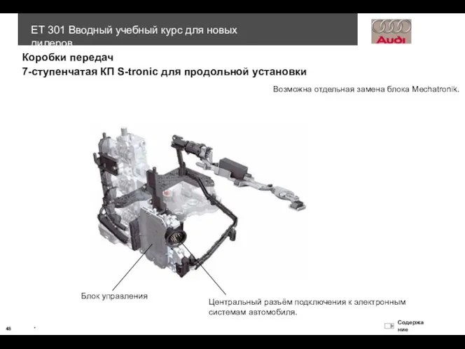 Коробки передач Возможна отдельная замена блока Mechatronik. 7-ступенчатая КП S-tronic для