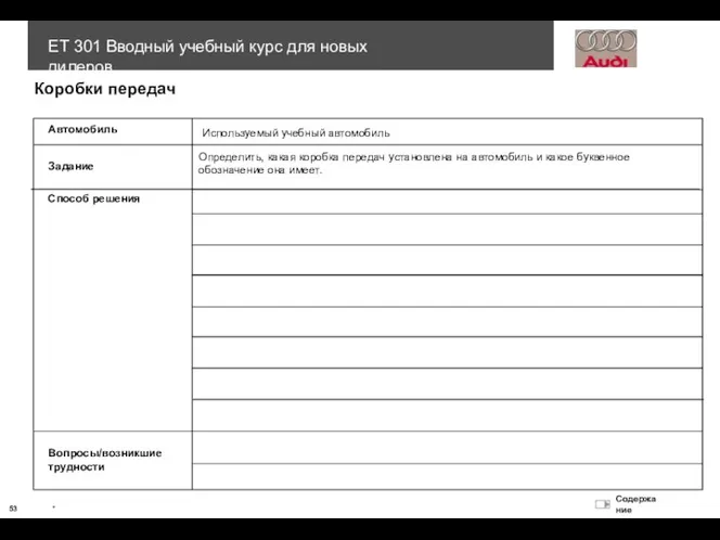 Коробки передач Автомобиль Используемый учебный автомобиль Задание Способ решения Вопросы/возникшие трудности