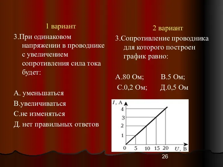 1 вариант 3.При одинаковом напряжении в проводнике с увеличением сопротивления сила