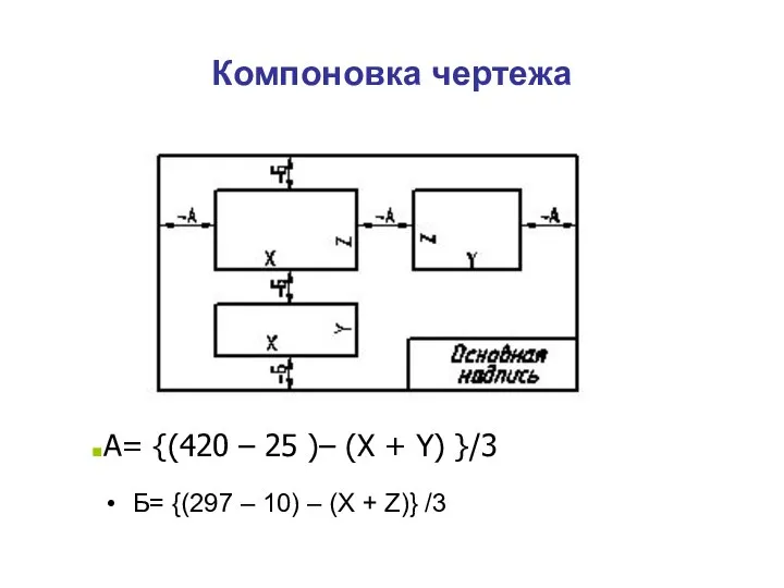 Компоновка чертежа А= {(420 – 25 )– (Х + Y) }/3