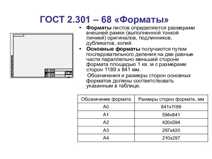 ГОСТ 2.301 – 68 «Форматы» Фоpматы листов опpеделяются pазмеpами внешней pамки