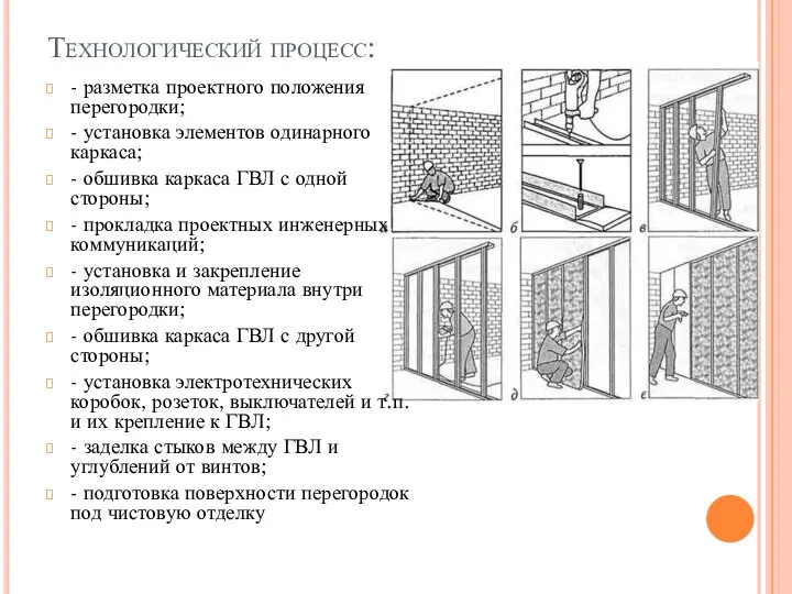 Технологический процесс: - разметка проектного положения перегородки; - установка элементов одинарного