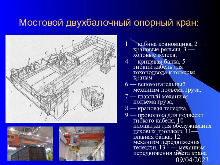 09/04/2023 Мостовой двухбалочный опорный кран: 1 — кабина крановщика, 2 —