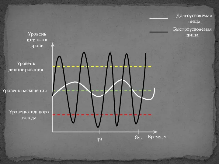 Уровень пит. в-в в крови Время, ч. Уровень насыщения 8ч. Уровень
