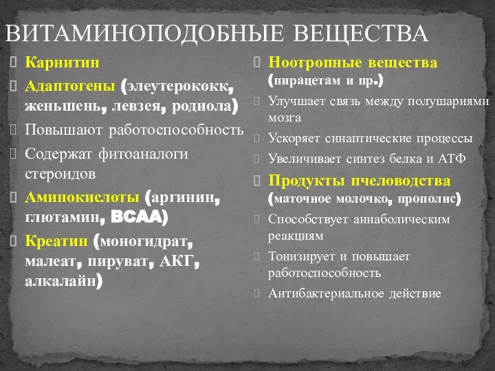 Карнитин Адаптогены (элеутерококк, женьшень, левзея, родиола) Повышают работоспособность Содержат фитоаналоги стероидов