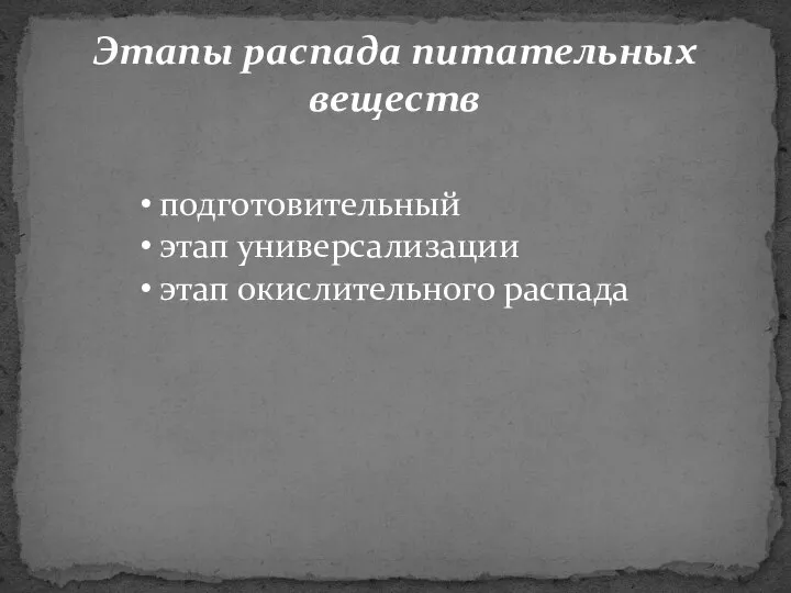 Этапы распада питательных веществ подготовительный этап универсализации этап окислительного распада