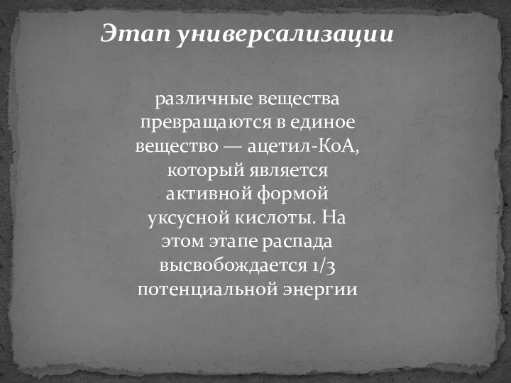 Этап универсализации различные вещества превращаются в единое вещество — ацетил-КоА, который