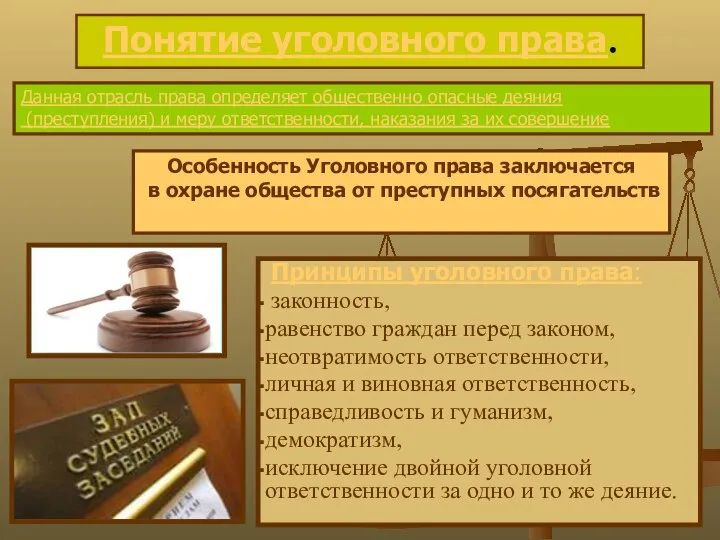 Принципы уголовного права: законность, равенство граждан перед законом, неотвратимость ответственности, личная