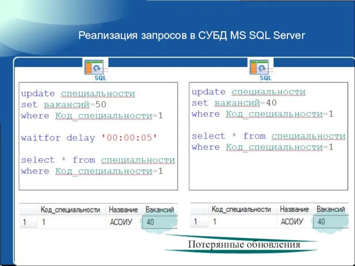 Реализация запросов в СУБД MS SQL Server Потерянные обновления