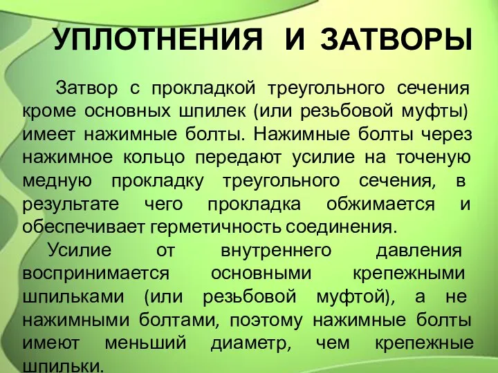 УПЛОТНЕНИЯ И ЗАТВОРЫ Затвор с прокладкой треугольного сечения кроме основных шпи­лек