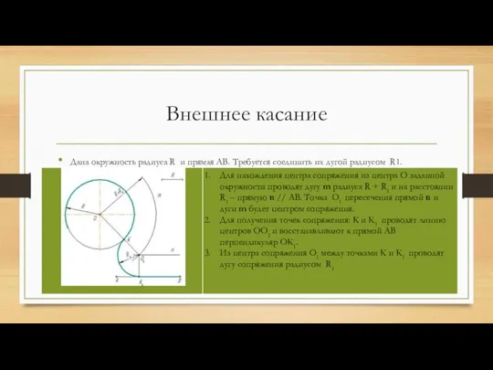 Внешнее касание Дана окружность радиуса R и прямая АВ. Требуется соединить их дугой радиусом R1.