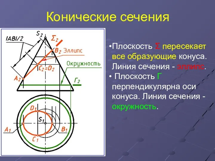 Конические сечения Плоскость Σ пересекает все образующие конуса. Линия сечения -