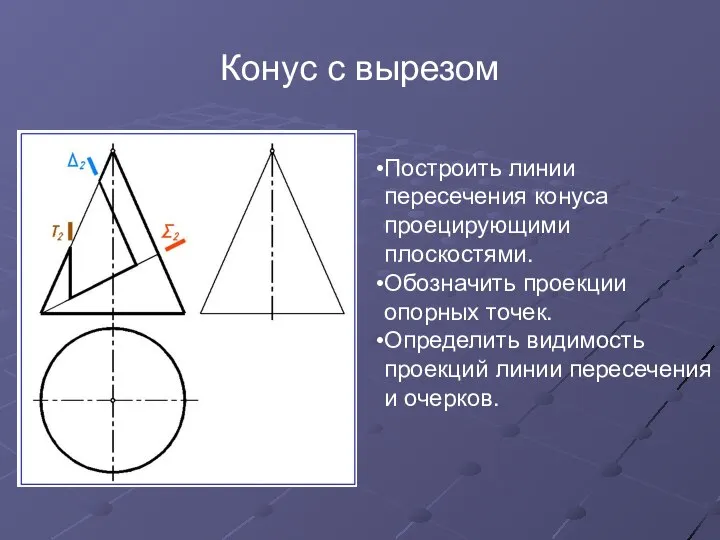 Конус с вырезом Построить линии пересечения конуса проецирующими плоскостями. Обозначить проекции