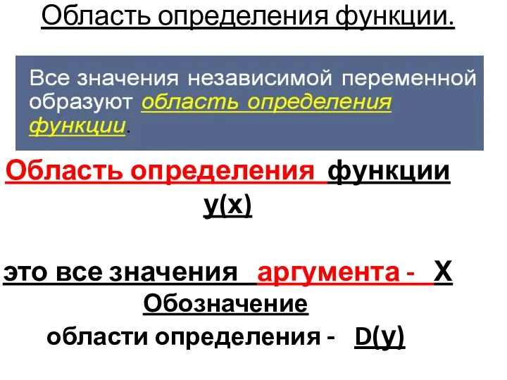 Область определения функции. Область определения функции у(х) это все значения аргумента