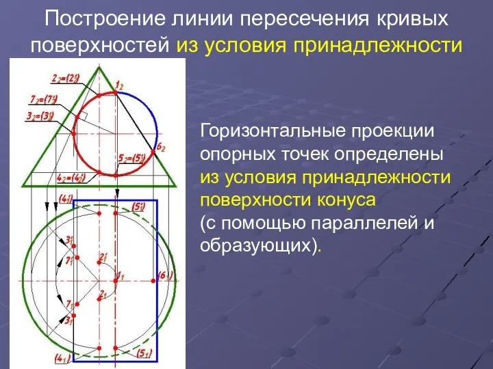 Построение линии пересечения кривых поверхностей из условия принадлежности Горизонтальные проекции опорных